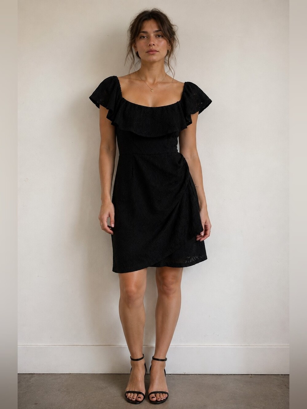 BCBG Generation Black Ruffle Off-Shoulder Mini Dress – Size XXS